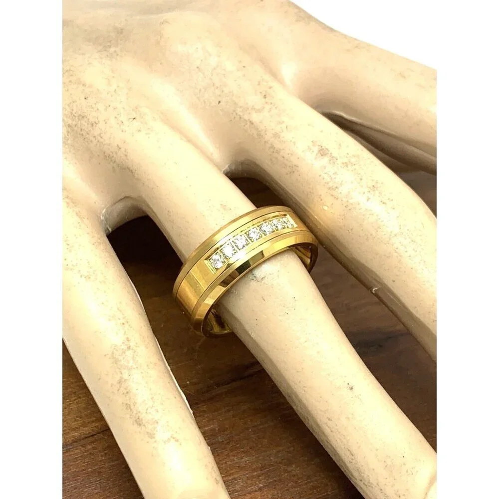 Men's Wedding Band Gold Tone Tungsten Cubic Zirconia 8mm Ring Size 10